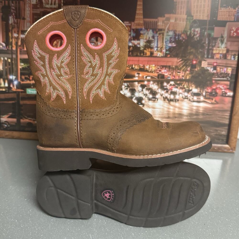 Ariat Fatbaby Girls Western Cowboy Boots Brown Pink Leather Square Toe US 3.5